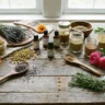 A bathroom shelf displaying various herbal cosmetic products - face cream, body lotion, shampoo, soap, and face mask - with small potted plants as decoration